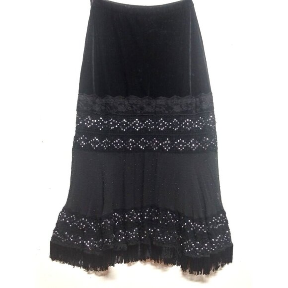VTG Skirt Black Velvet boho fringed beaded Maxi 90s Michelle Antonelli elastic - Picture 1 of 10